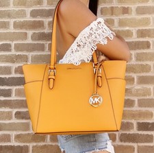 Bolso de Mano Michael Kors Charlotte Grande Superior Cremallera Cuero Varilla Dorada Amarillo