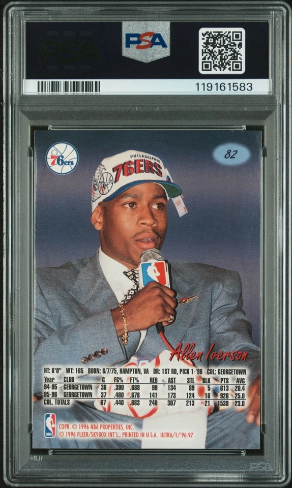 Allen Iverson 1996 Fleer Ultra Signed Basketball Rookie Card #82 Auto PSA 10 583 - Image 2 of 2