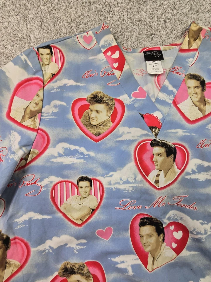 Elvis Presley Scrub Top Mens 2XL Blue V-Neck Heart Print Love Me Tender Nursing - Image 3 of 4