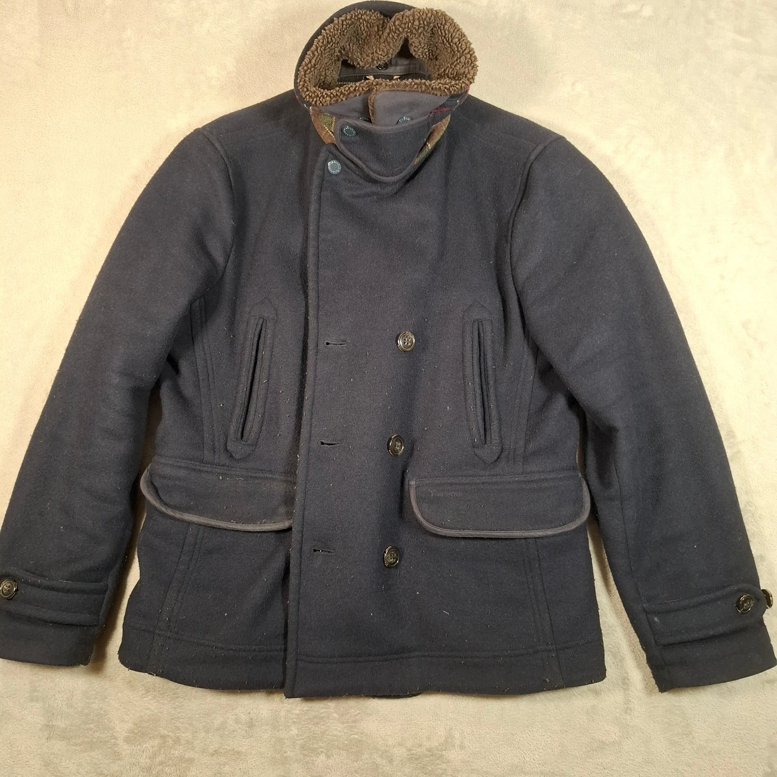 Barbour Pea Coat Mens XL Navy Wool Blend Tartan Lined Winter Jacket Coat