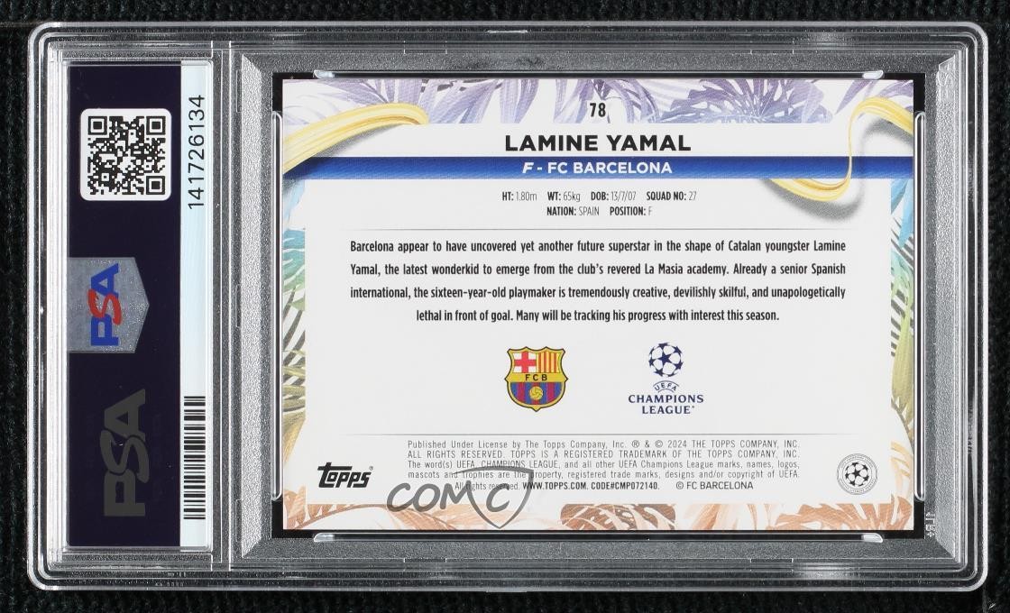 2023 Topps Carnaval Edition UEFA Club Competitions Lamine Yamal PSA 8 Rookie RC view 2