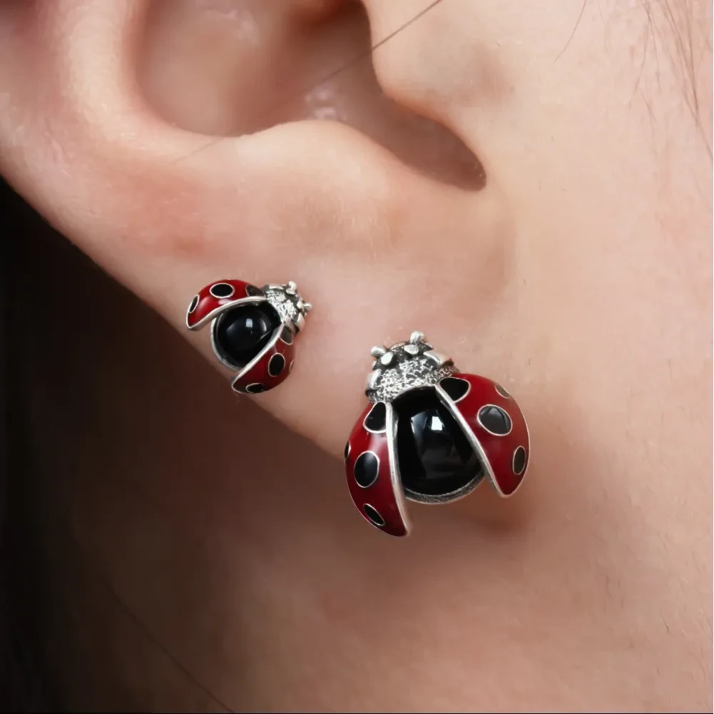 Ladybug Earrings with Red Enamel & Black Stone, S925 Silver, Christmas Gift