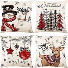 Christmas Throw Pillow Covers 18x18 inch Set of 4, Farmhouse Snowman Reindeer Tr