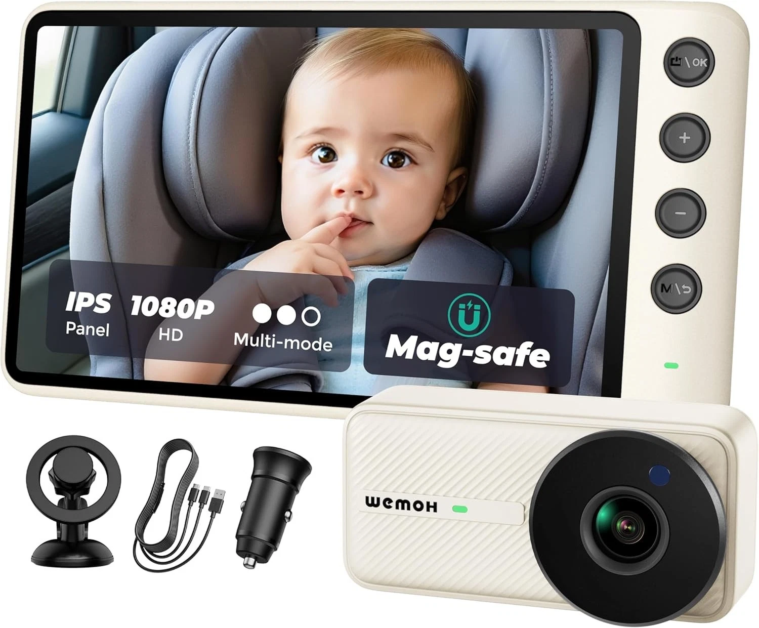 Baby Car Camera with 5" Monitor, 1080P, Night Vision, Magnetic Mount