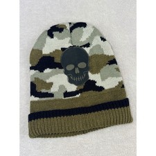 Boys Camouflage Skull Patch Knit Beanie Hat Green Tan Black Winter Cap NWOT