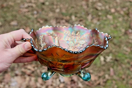 ANTIQUE FENTON STAG AND HOLLY CARNIVAL GLASS DEEP RUFFLED BOWL - AQUA - RARE