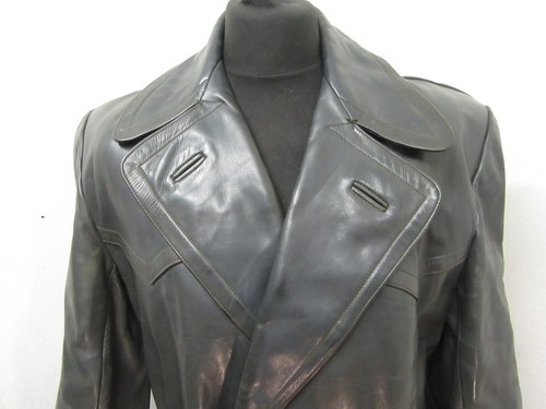 VINTAGE WW2 GERMAN LEATHER OFFICERS HEAVY TRENCH COAT JACKET SIZE M - Picture 3 of 20