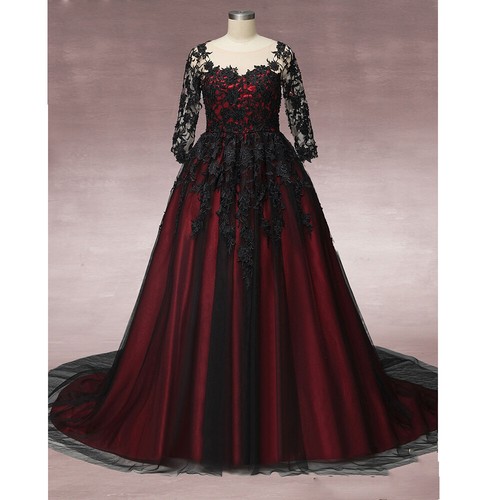 Gothic Long Sleeves Wedding Dresses Red Lining Black Lace Appliques Bridal Dress - 第 2/12 張圖片
