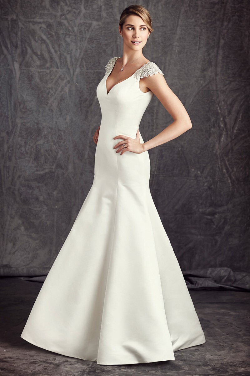 Ella Rosa Wedding Dress 10 12 Ivory Satin Mermaid Ball Gown Modern Cap  Sleeves