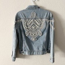 Sandro Blue Cuba To Paris Eriko Pearl Beaded Denim Button Jacket Size 1 Small