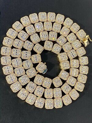 Men's Baguette Chain Real Solid 925 Silver 14k Gold Finish Iced Diamonds  18-30