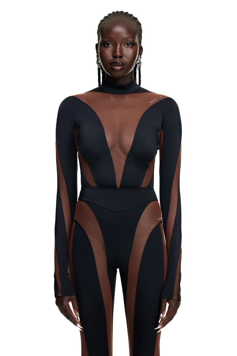 NEW Mugler x H&M Mesh-Paneled Bodysuit Brown/Black XL SOLD OUT RARE