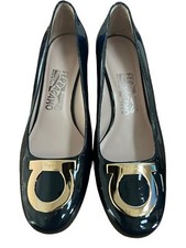 Salvatore Ferragamo Logo Women s Patent Leather Pumps Navy
