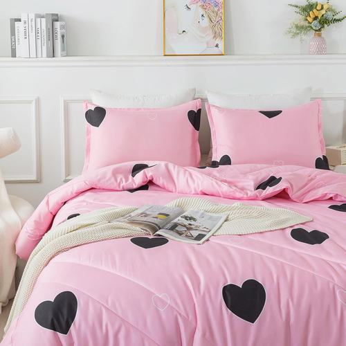 Love Pattern Girls Pink Comforter Set Full Size, Blush Pink Cute Love Heart Sexy - Picture 5 of 12