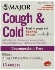 Major Cough Cold Relief Tablets Suppressant Decongestant Free 16ct Pack of 12