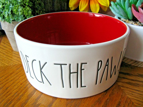 New Christmas Rae Dunn Large Letter Font Ceramic DECK THE PAWS Dog Bowl - 6" - Picture 5 of 10