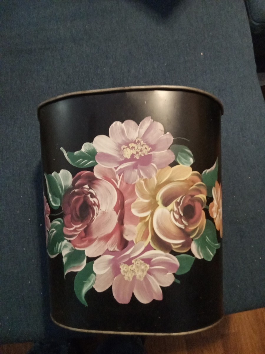 Vintage Floral Trash Waste Rubbish Bin Painted Metal Can Shabby