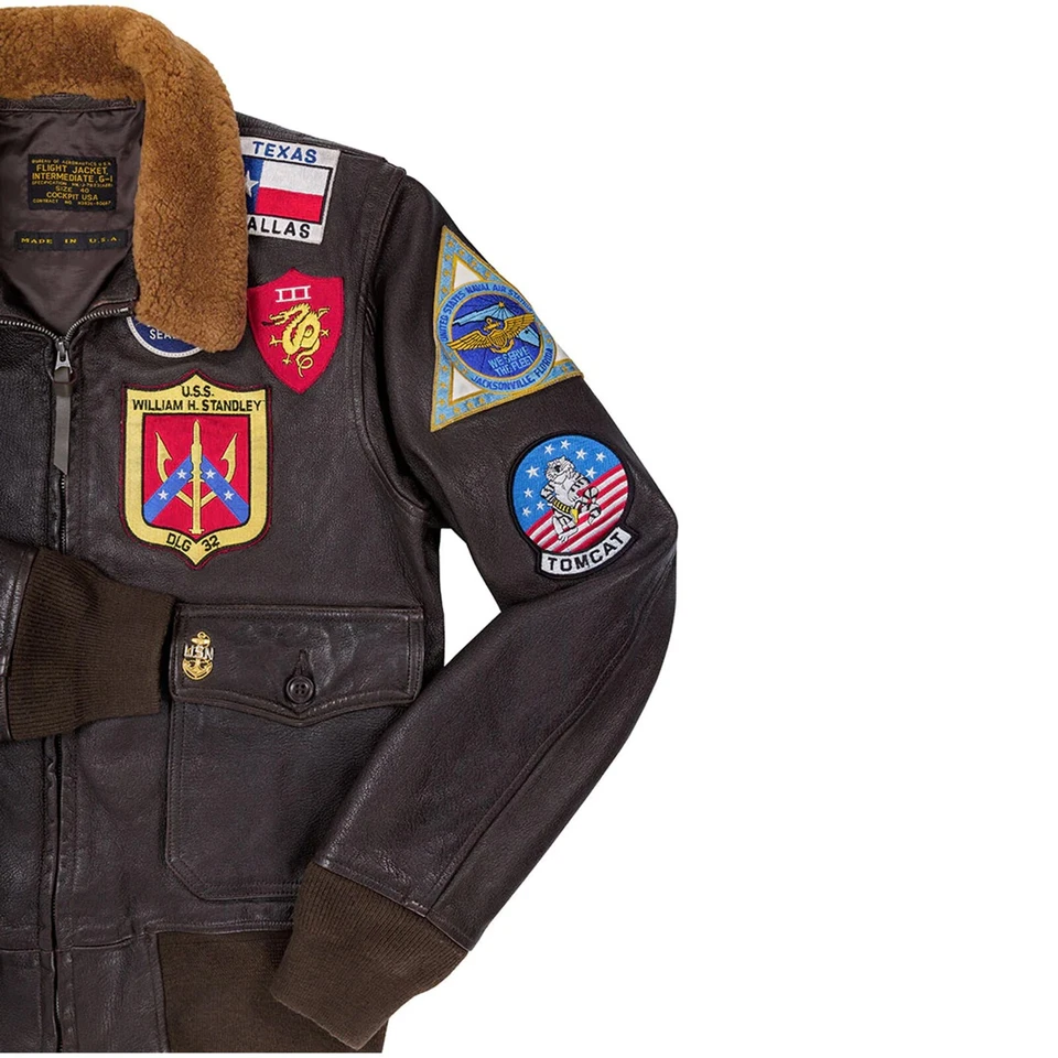 Men's Maverick Top Gun Aviator Pilot Leather Bomber Jacket With Embroidery Patch - Image 4 of 4
