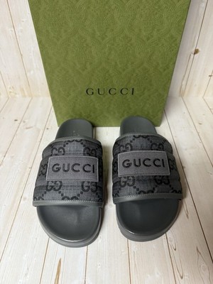 Gucci Ripstop GG Monogram Slide Sandals Grey/Black Sz 6G / 6.5US