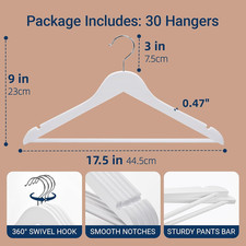 30 Pack White Wooden Coat Hangers White Wood Suit Hangers with Non-Slip Pant Bar