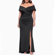 Xscape Women Dress Size 16W Black Off Shoulder Skye Techno Scuba Cocktail Gown