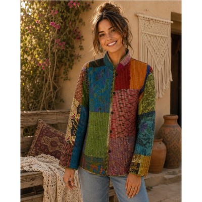 Vintage SACRED THREADS Silk Quilted Patchwork Jacket Colorful Bohemian X-Large