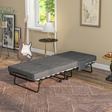 Folding Single Bed with 10cm Mattress Foldable Guest Bed with Wheels Dark Grey