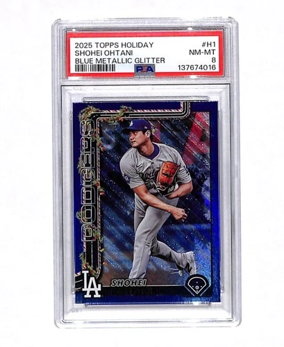 2025 Topps Holiday H1 Shohei Ohtani Blue Metallic Glitter Card PSA 8 Dodgers