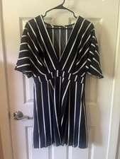 SHEIN Sundress Beachy Stripe Navy White Summer V Neck Fit & Flare Women's Size M