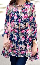 Umgee Pink Roses Floral Bell Sleeve Tunic Dress Feminine Cottagecore Boho Size M