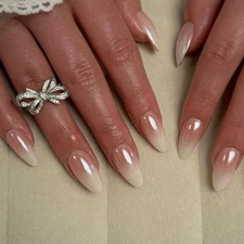 Nude White Glazed Press on Nails Short Almond, Ombre Nude to White Chrome Glo...