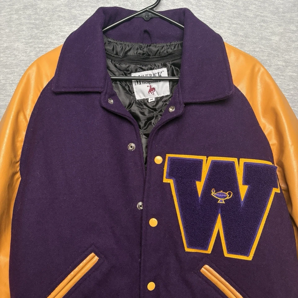 Chaqueta Bomber Universitaria Washington De Colección Cuero Lana Púrpura Letterman Hombres M Foto 2 de 4