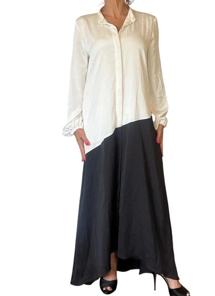 Vestido Camisa Donna Karan New York Negro Blanco Asimétrico Midi Maxi Manga Larga 8 Foto 3 de 4
