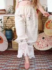 Vintage White Cotton Long Bloomers Embroidered Butterfly Crochet Lace Ruffle M-L