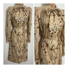 Vintage 1980s Cream Brown & Tan Floral Print Pussy Bow Belted Day Dress 16
