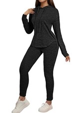 Black Sweatsuits for Women 2 Piece Outfit Hoodie Ribbed Long Sleeve Joggers S...