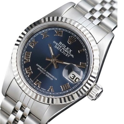 Rolex Ladies Datejust Steel Blue Roman Dial White Gold Bezel Jubilee Band 26mm
