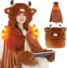 Highland Cow Heated Wearable Blanket – USB Powered Hooded Blanket with 3 Heat Se