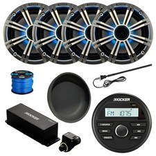 Kicker KMC2 Marine BT AM/FM Radio, 4x 6.5" LED Speaker, Silver Grille, Extras