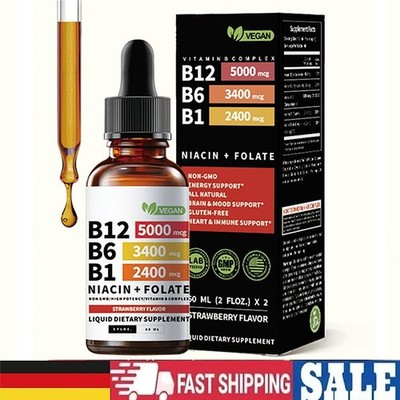 Vitamin B12 Tropfen Hochdosiert 60ml vegan Vitamin B6 B1 B-Komplex vegan Himbeer