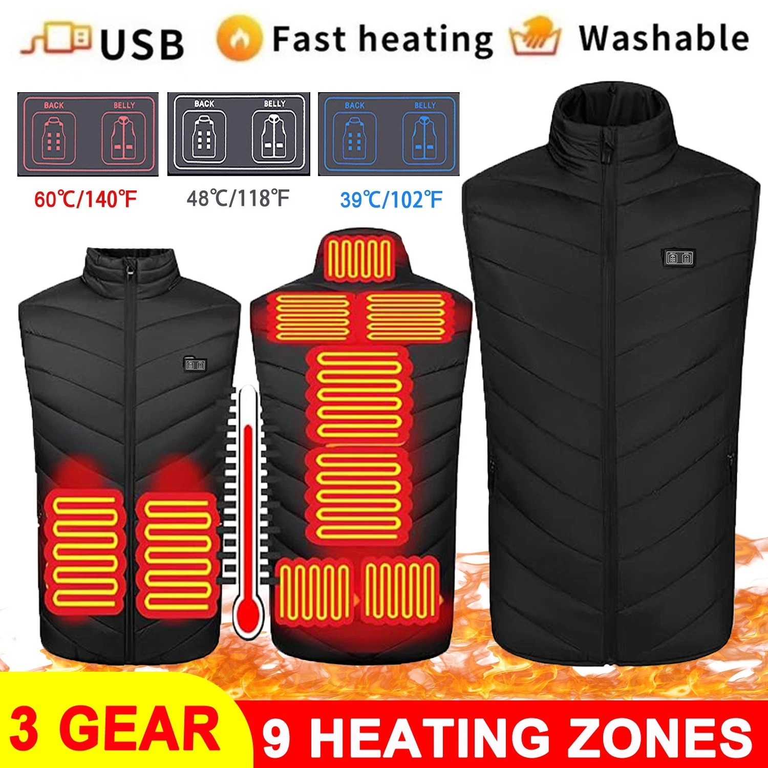 9 Zone Heated Vest for Men Women USB 3Heating Levels Electric Warm Jacket Winter
