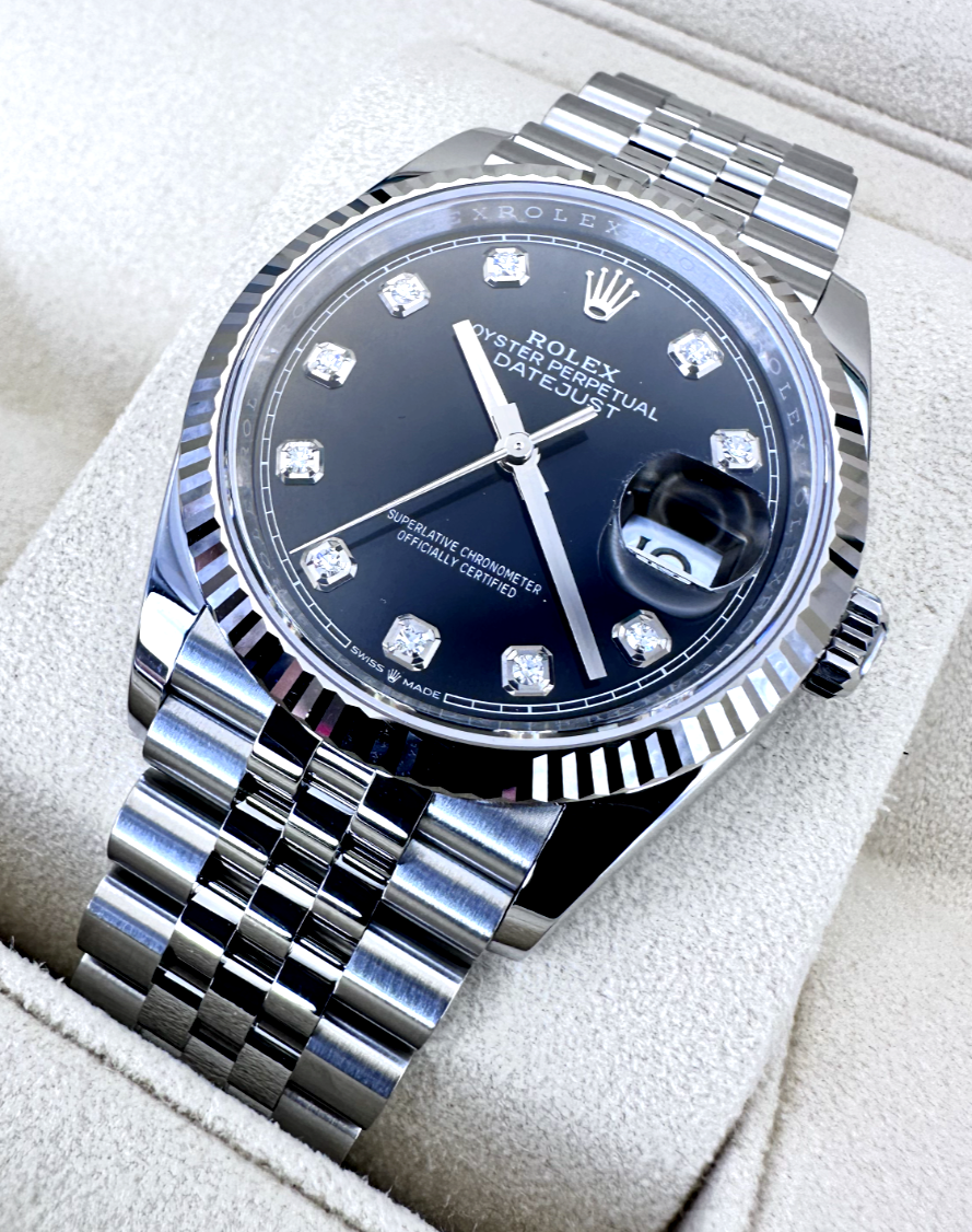 ROLEX Datejust ブラックダイヤル Rolex Datejust 36 mm Steel Watch Black Dial with Diamonds