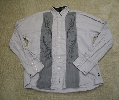 Fender Shirt Men XXL 2XL Gray Striped Long Sleeve Embroidered Rock & Roll Snap
