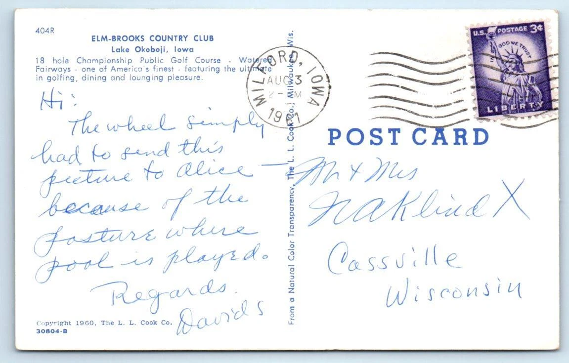 LAKE OKOBOJI, Iowa IA ~ Public Golf Course ELM BROOKS COUNTRY CLUB 1960  Postcard | eBay