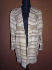 Chico  s Ivory Beige Stripe Collared Open Cardigan Career Long Jacket Size 2 L 