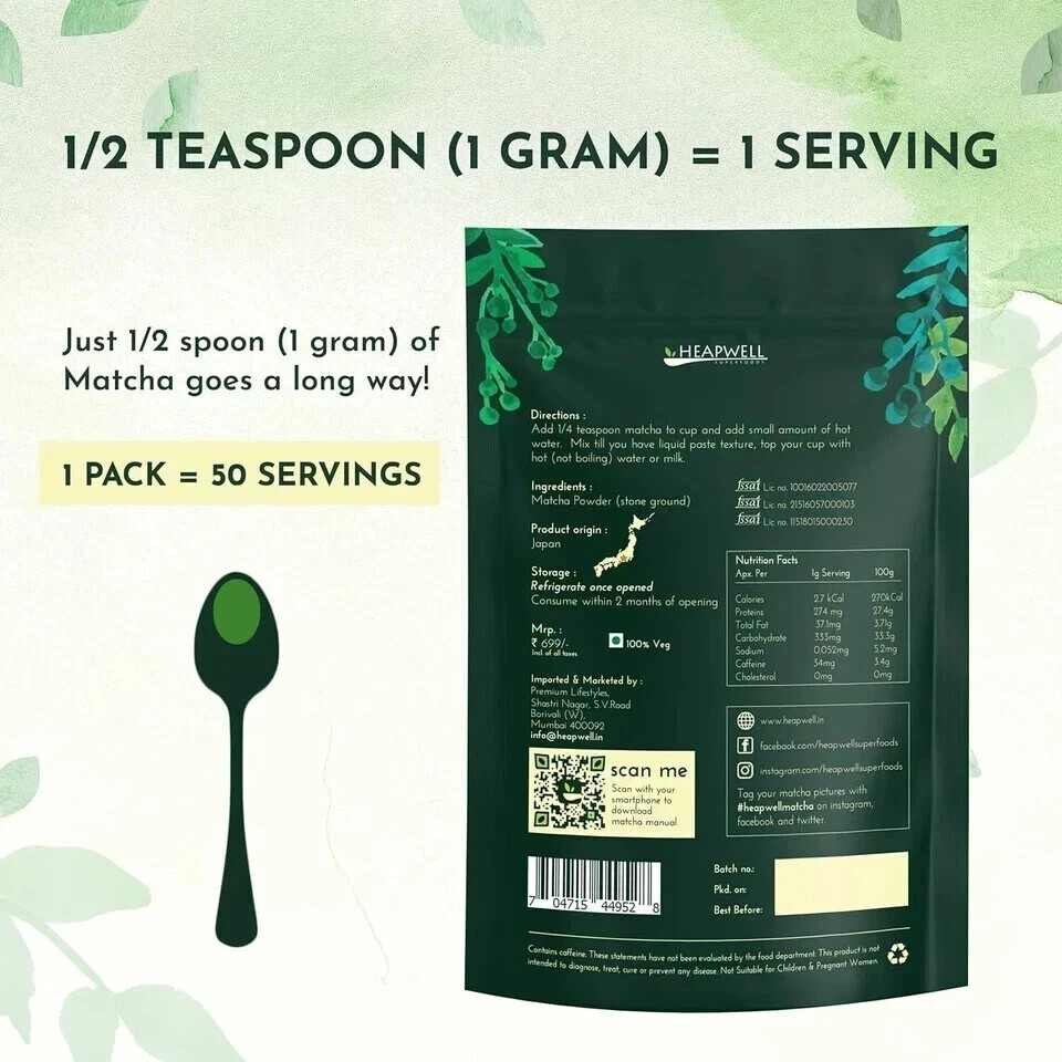 Heapwell Superfoods Premium Japanese Matcha Green Tea 50G Free Global Shipping