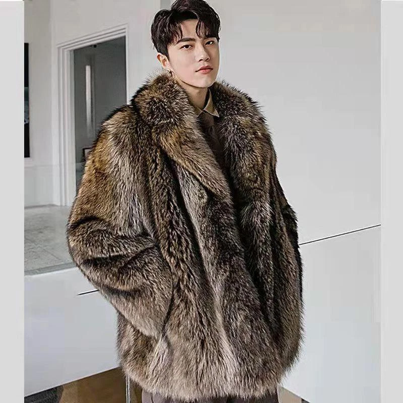Men s Faux Fur Coat Mid length Winter Warm Plus Size Korean Lapel Loose Casual