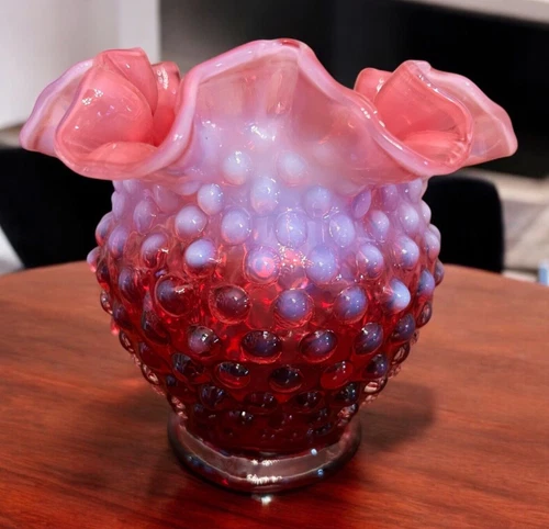 Fenton Vintage Ruffled Cranberry Hobnail Uranium UV Reactive Opalescent Vase