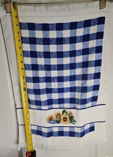 Kitchen Hand Towel Blue Wht Checkered Finished Cross-Stitch Sunflower Country - Picture 7 of 9