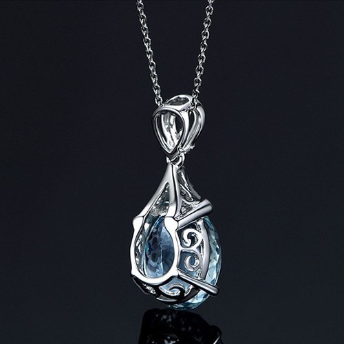 925 Silver Exquisite Oval Cut Aquamarine Water Drop Shape Pendant Necklace Gifts - Picture 9 of 12
